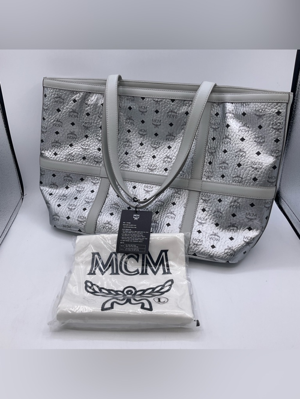 MCM Delmy Shopper Tote Visetos Bag Metallic Gray Coated Canvas NEW